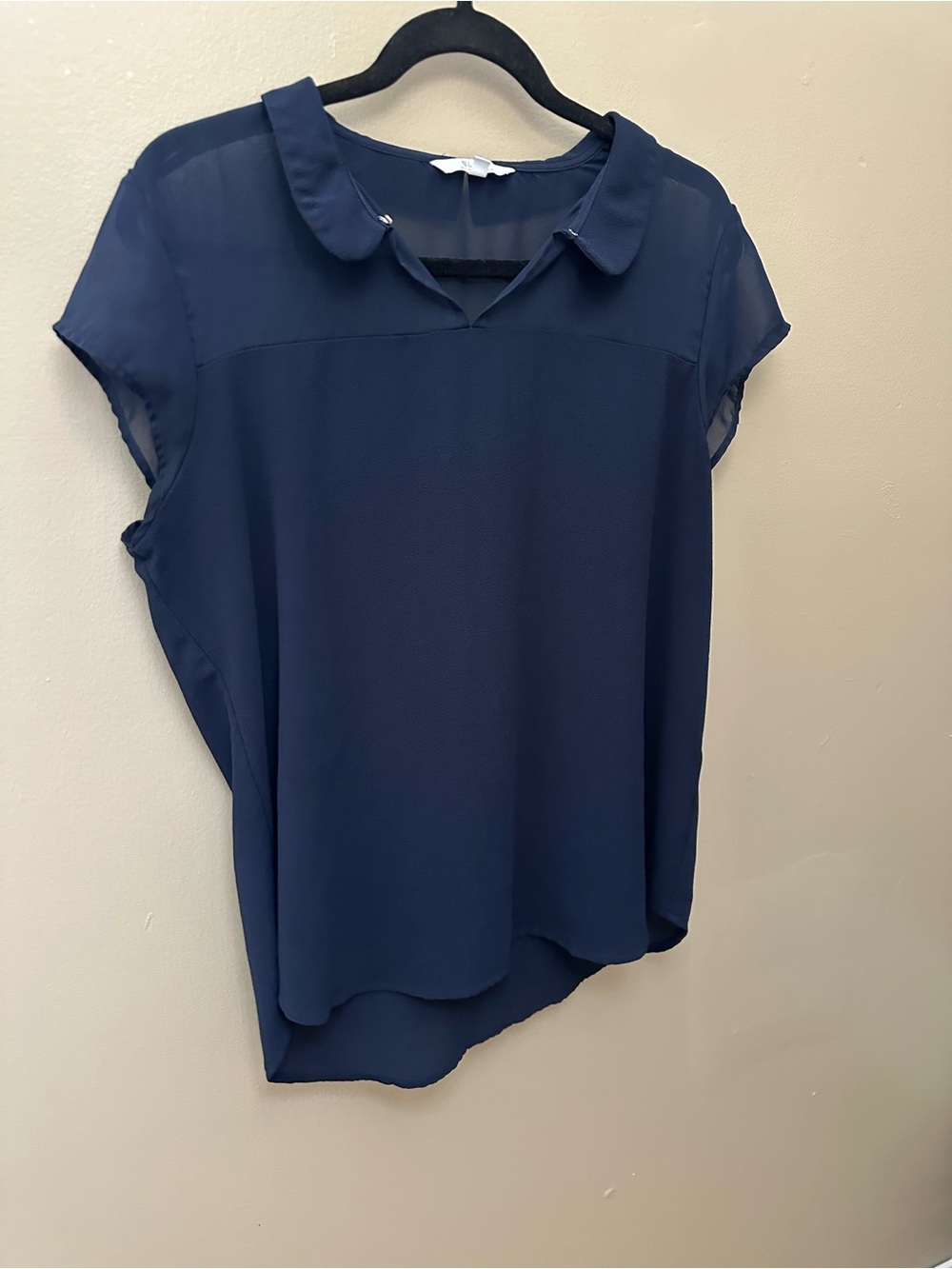 SUNG Alfred Sung Navy Blue Peter Pan Collar Short Sleeve Chiffon Blouse